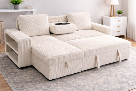 Amara Cream Corduroy Storage Sofa Bed