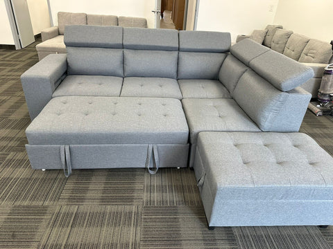 Nayra Reversible Sectional Sofa Bed with Storage Ottoman – Grey