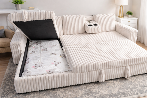 Lyla Beige Corduroy Sectional Sofa Bed
